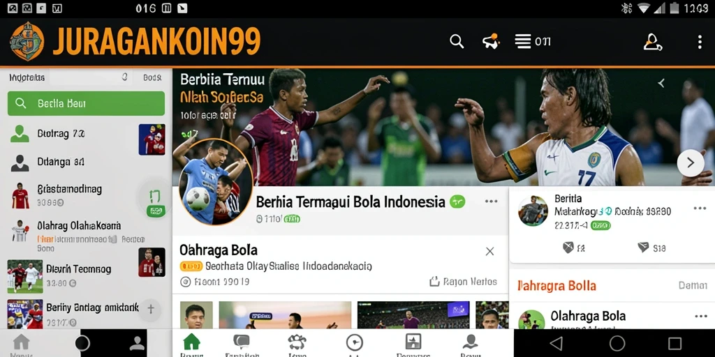 Antarmuka aplikasi JURAGANKOIN99 dengan berita olahraga bola terbaru.