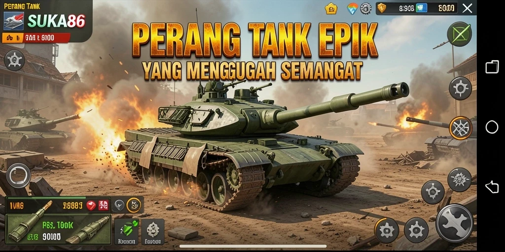 Antarmuka utama SUKA86 menampilkan pertempuran tank yang mendebarkan.